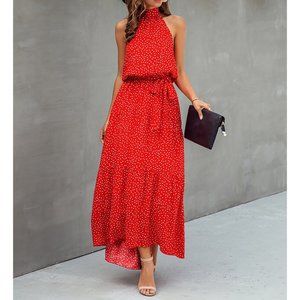 Red Polka Dot Halter Flounce Maxi Dress